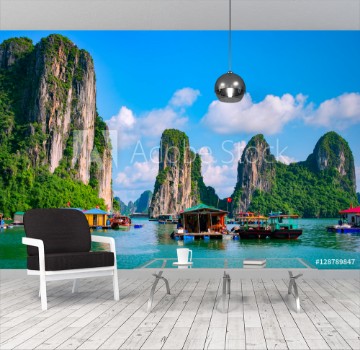 Picture of Floating fishing village and rock island in Halong Bay Vietnam Southeast Asia UNESCO World Heritage Site Junk boat cruise to Ha Long Bay Landscape Popular landmark famous destination of Vietnam